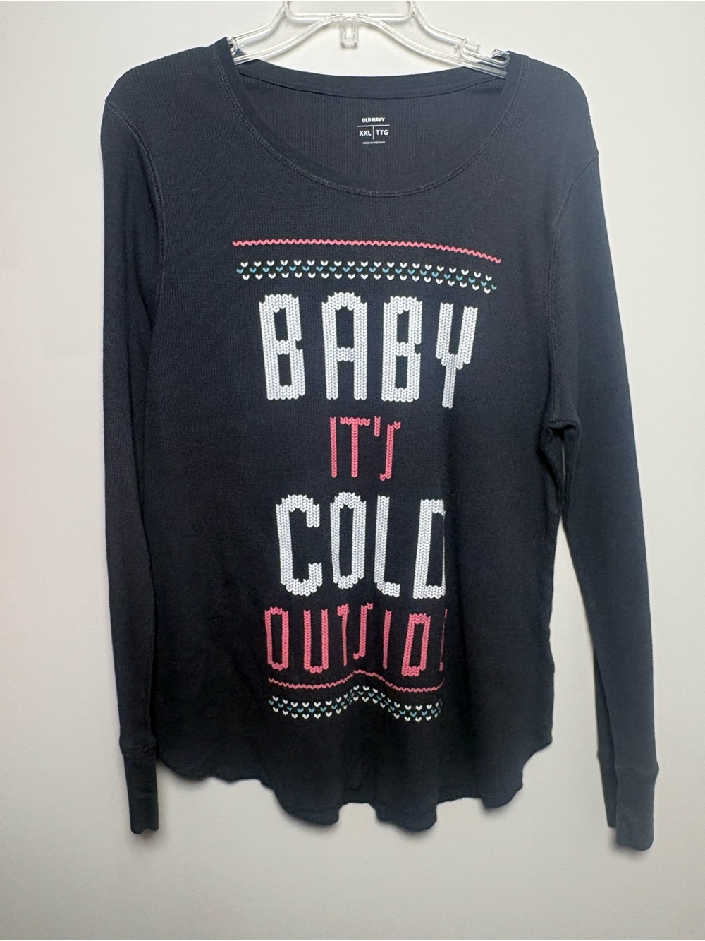 Old Navy Black Long Sleeve Tee with Pink and White Holiday Knit Text